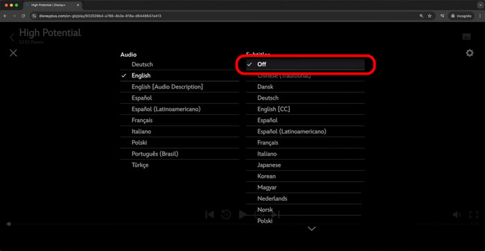 turn on or turn off subtitle language on disney+ video