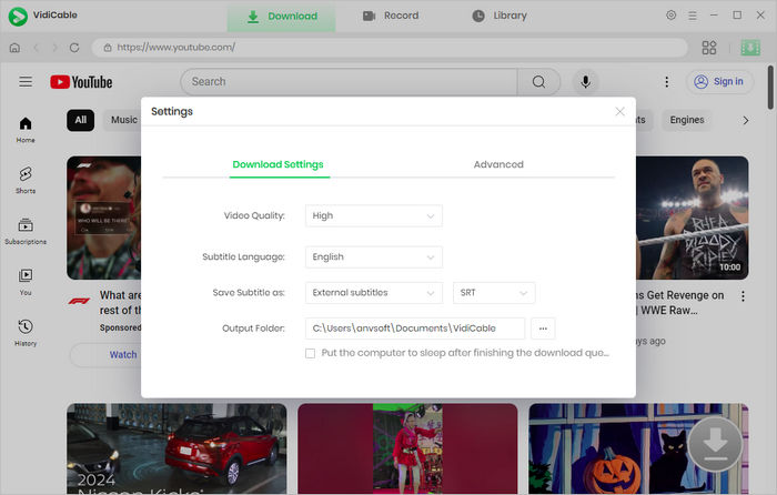 vidicable youtube output settings