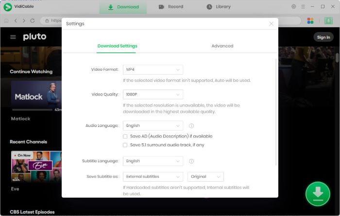 settings pluto tv downloader free